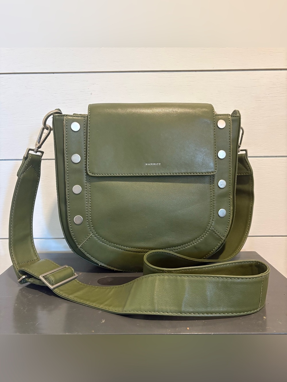 Hammitt Olive Leather Saddle Shoulder Bag with Silver Studs